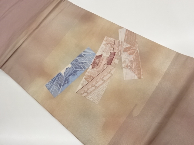 短冊に寺院・木々模様織出し開き名古屋帯（額縁仕立て）